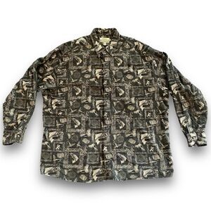 Cabelas Deerskin Chamois Shirt 3XL Brown Salmon Fishing Print All Over Cotton